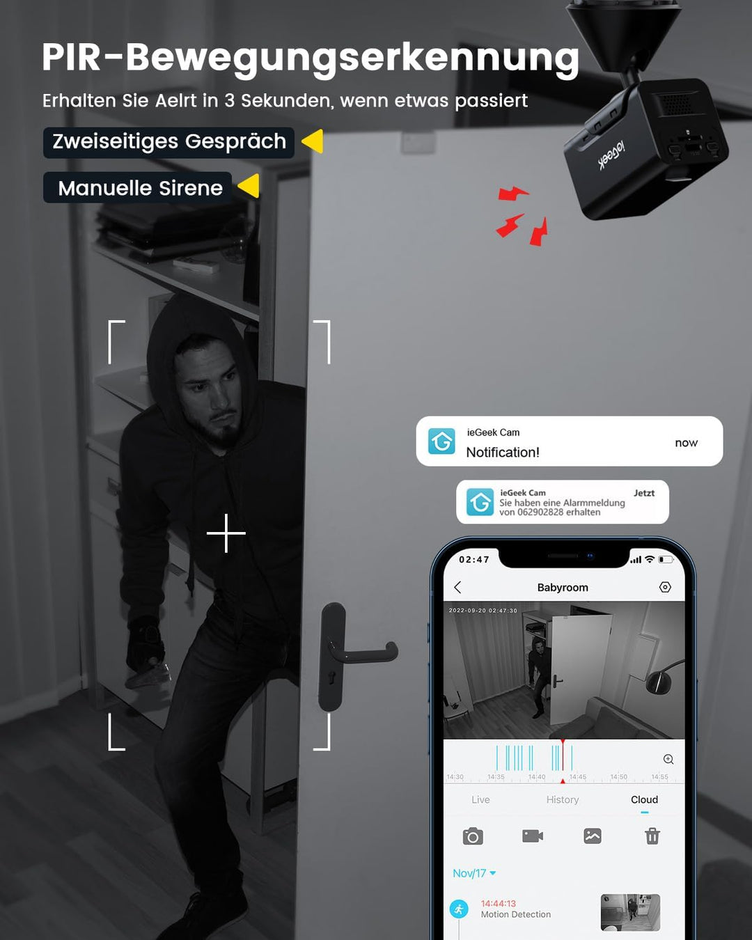 ieGeek Überwachungskamera Innen Akku,2.4GHz Überwachungskamera Innen WLAN,Mini Kamera Live Übertragu