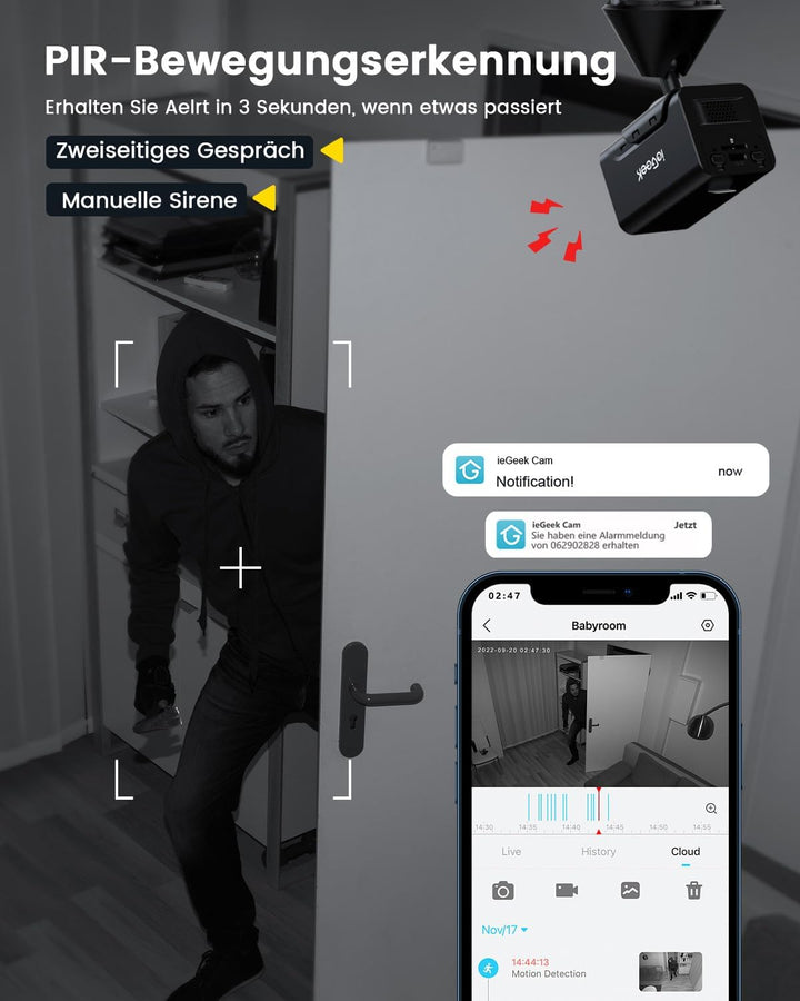 ieGeek Überwachungskamera Innen Akku,2.4GHz Überwachungskamera Innen WLAN,Mini Kamera Live Übertragu