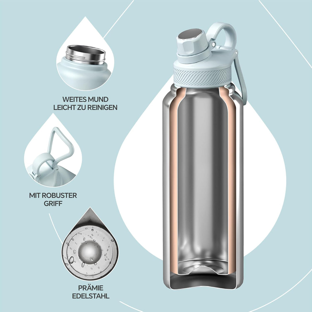 IDEUS Vakuumisolierte Wasserflasche, 40 Oz (1140 ml) Edelstahl Doppelwand Flasche Metall Sport Kanti