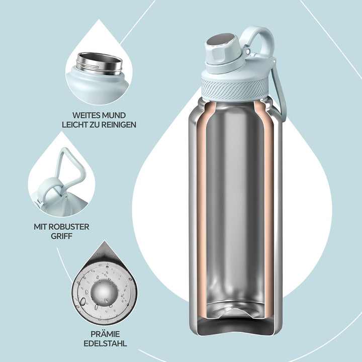 IDEUS Vakuumisolierte Wasserflasche, 40 Oz (1140 ml) Edelstahl Doppelwand Flasche Metall Sport Kanti