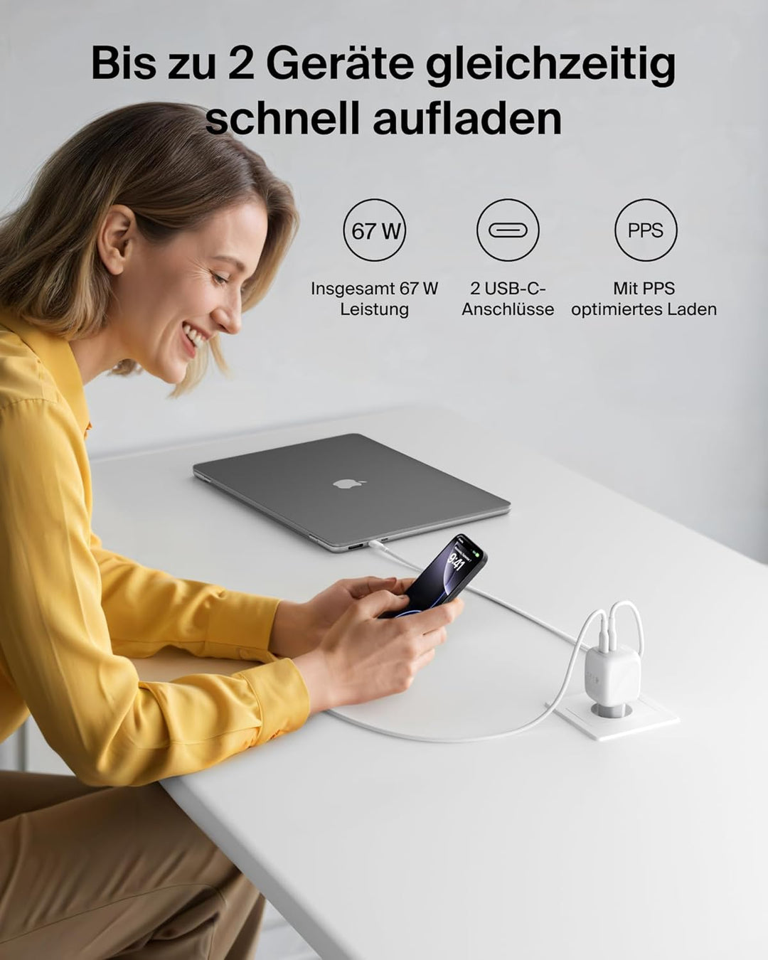 Belkin SmartProtect 2-Port USB C Ladegerät, 67W, GaN-Ladegerät, 2X USB-C, Schnellladen für Geräte wi