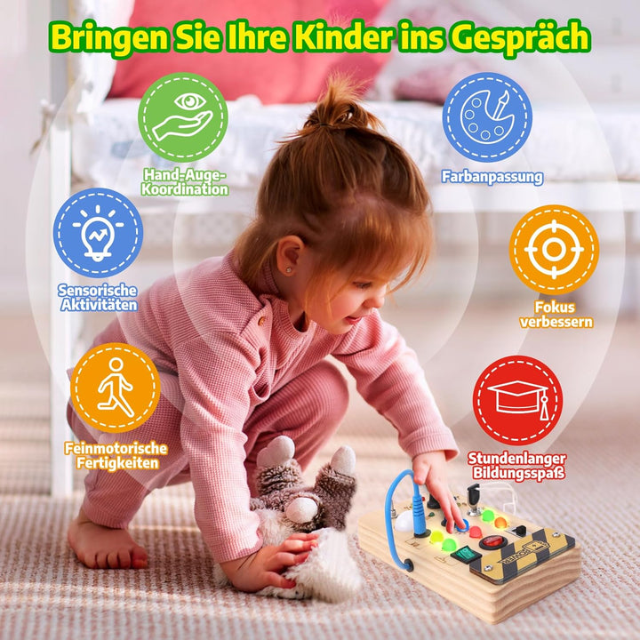 Hoarosall Montessori Busy Board Spielzeug mit LED Lichtschalter Activity Board Holzspielzeug ab 1 Ja