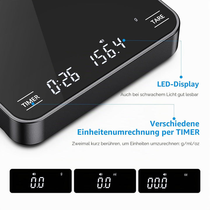 Brifit Mini Kaffeewaage mit Timer, Espresso Waage 2kg/0.1g, Feinwaage mit 3 Masseinheit, USB Wiedera