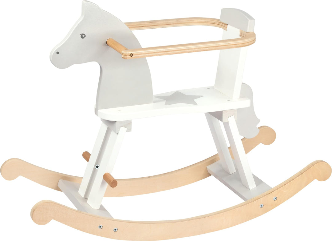 goki 53933 Schaukelpferd, 78 x 30,5 x 57 cm, Holz, klassisches Kinder-Schaukelpferd, mit Rückenlehne
