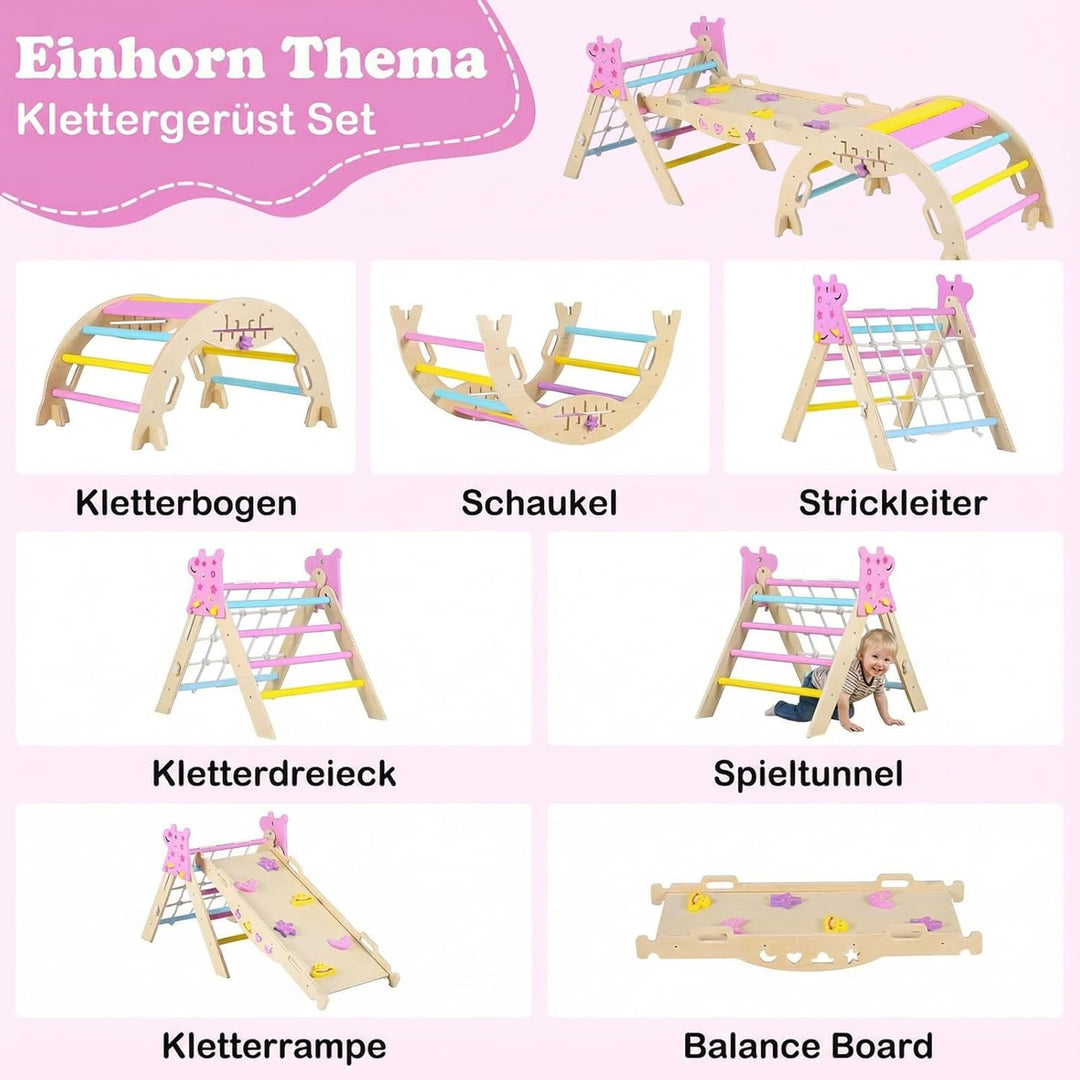COSTWAY Klettergerüst Indoor 3er Set, klappabres Kletterdreieck mit Rutsche, Kletterbogen, Netz, ink