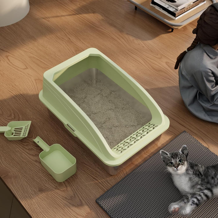 Katzentoilette Edelstahl Halbgeschlossen Gross | Katzenstreuschaufel, Doppelschicht Matte, Leicht zu