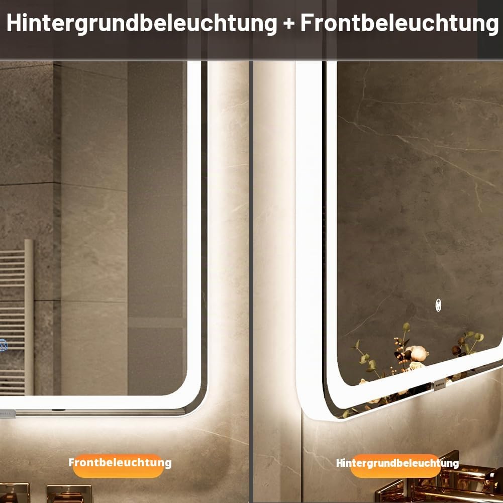 badezimmerspiegel mit Beleuchtung, Sandstrahl-Design led Spiegel Bad, 3 Farbtemperaturen, Dimmbar, E