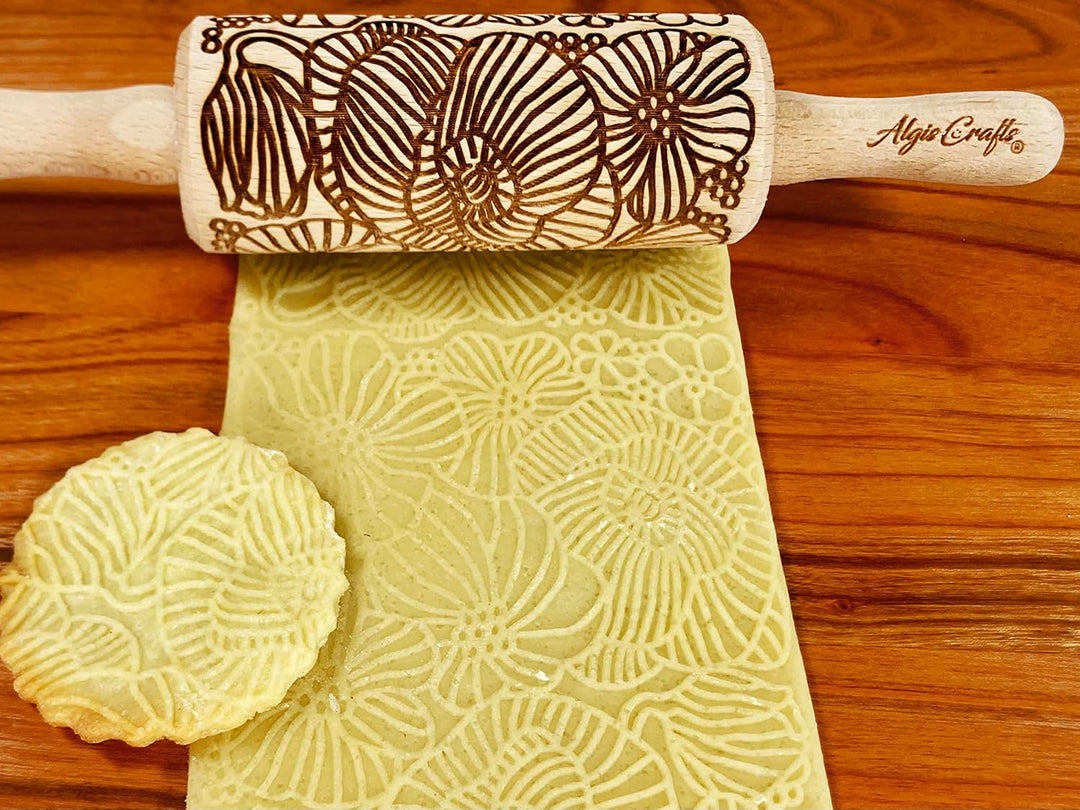 Blumen 3-er Set Kinder Nudelhölzer für hausgemachtes Gebäck. Teigrolle mit Mohn, Paisley, Blume, Flu