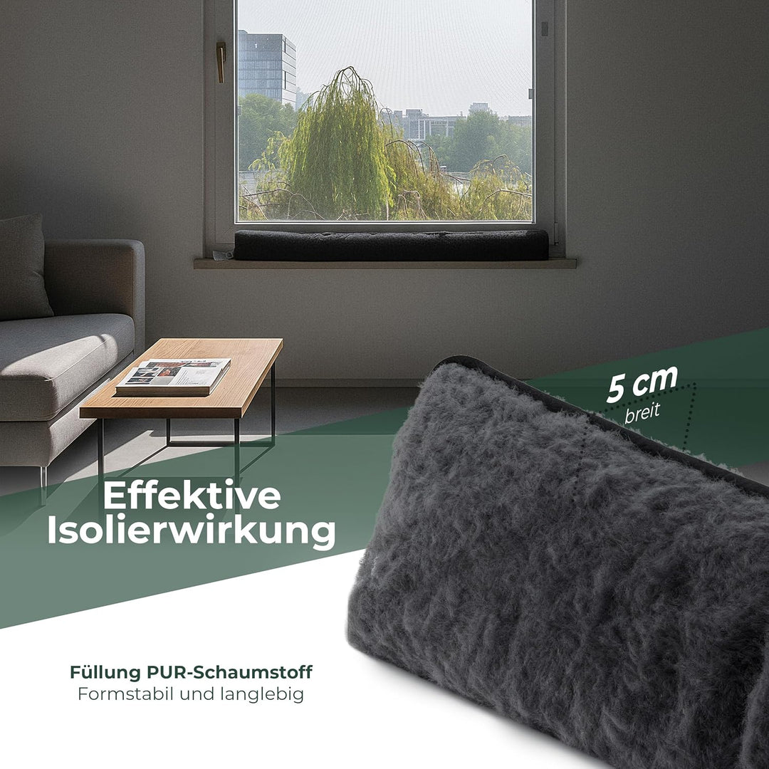Zugluftstopper für Fenster 150cm Anthrazit Schurwolle – stoppt Zugluft & Kälte, dämpft Lärm/Staub/Li