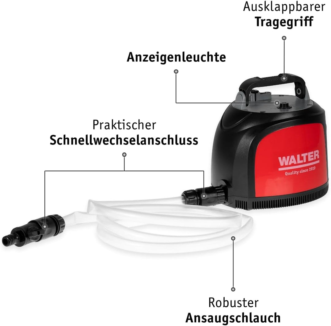 WALTER- Li-Ion Akku-Klarwasserpumpe 20V, Förderhöhe 12 m, Fördermenge 3500 l/h, mit eingebautem 4000