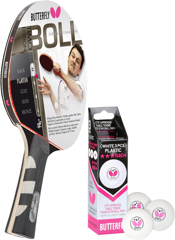 Butterfly Timo Boll Platin Tischtennisschläger + 3*** ITTF R40+ Tischtennisbälle | Tischtennisschläg