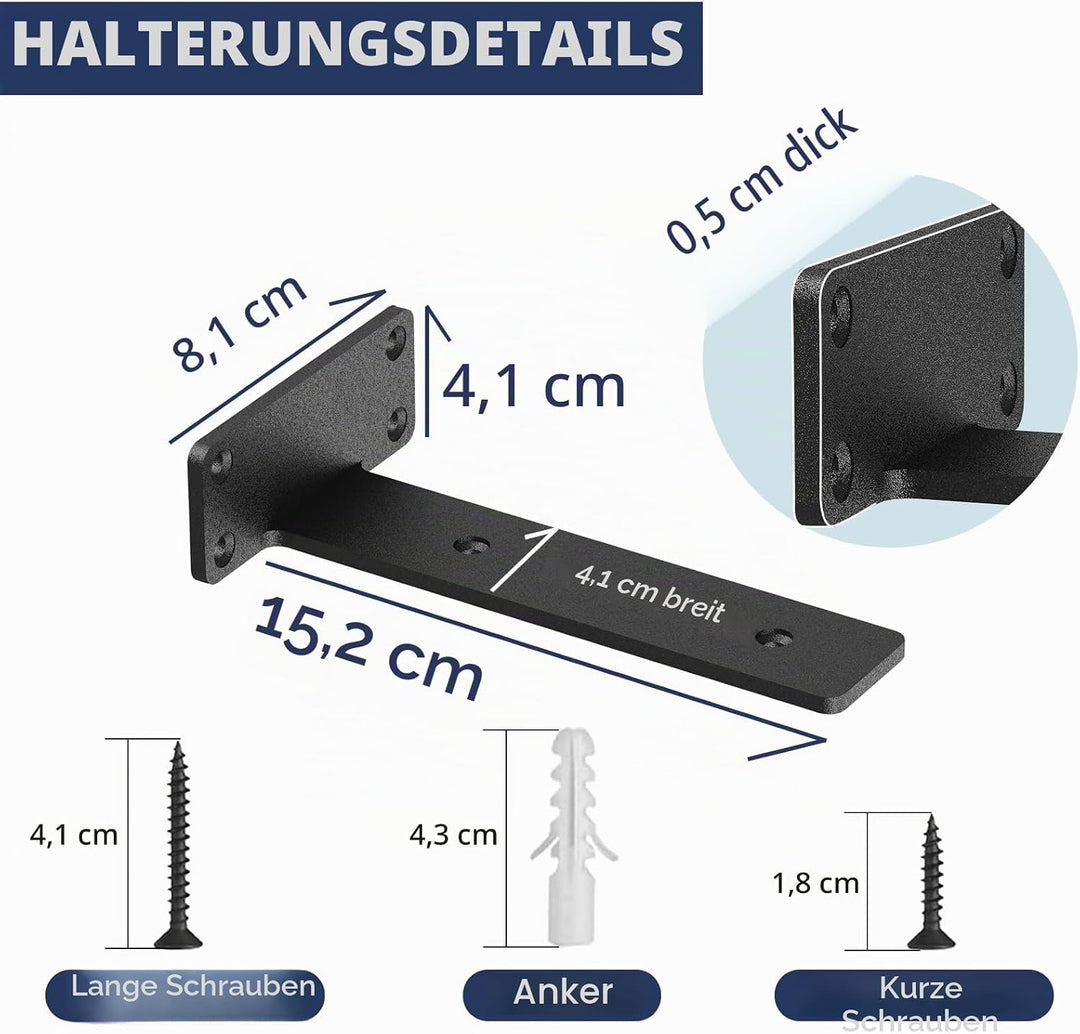 6 Stück schwebende Regalhalterungen, 15,2 cm, robuste industrielle Regalhalterung, schwarzes Metall,