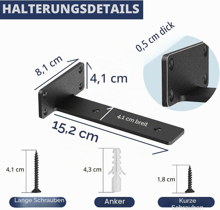 6 Stück schwebende Regalhalterungen, 15,2 cm, robuste industrielle Regalhalterung, schwarzes Metall,