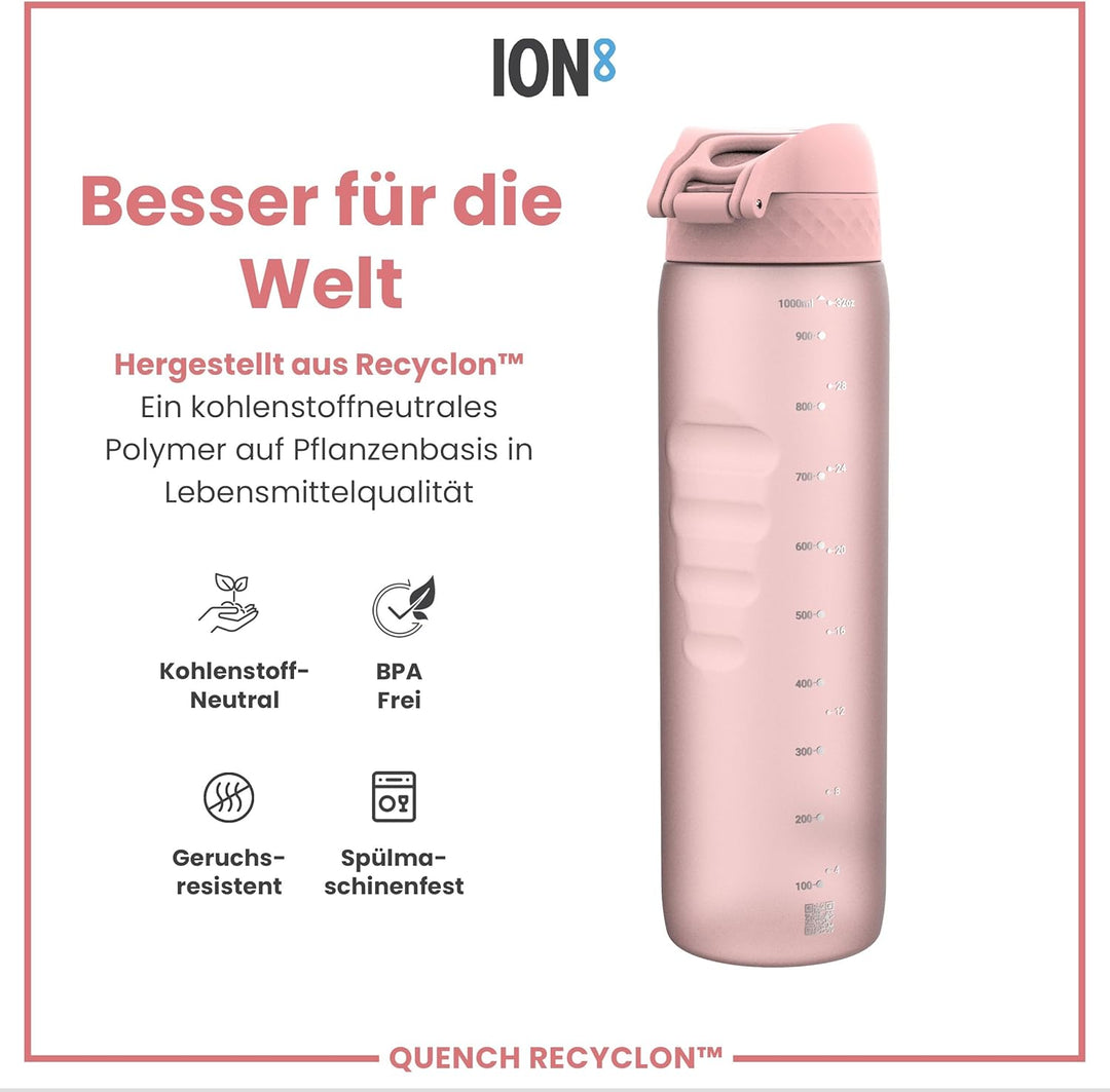 Ion8 1 Liter Trinkflasche, 1000ml, Auslaufsicher, Einhandöffnung, Sichere Verriegelung, Spülmaschine