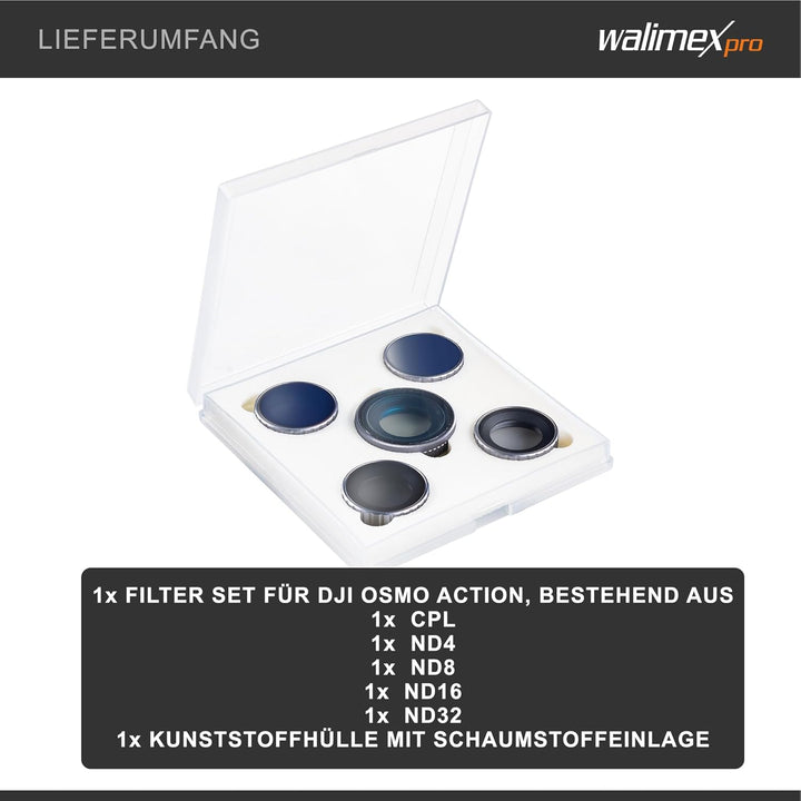Walimex pro Filter Set für DJI OSMO Action CPL/ND MC - Kit aus ND4 ND8 ND16 ND32 und Polfilter 16x m