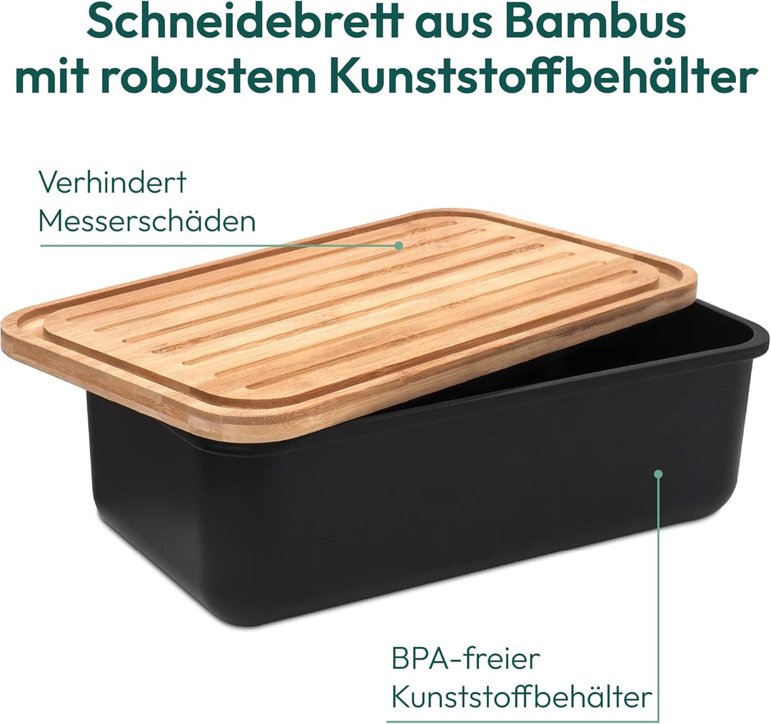 Gadgy Brotkasten Bambus - Brotdose mit Schneidebrett und Deckel - Brotkasten Schwarz - Luftdicht, Fr