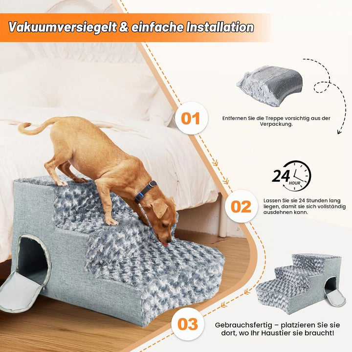 Hundetreppe 3-stufig mit Katzen-Schlafnische und Hunderampe. rutschfeste Treppe aus hochdichtem Scha
