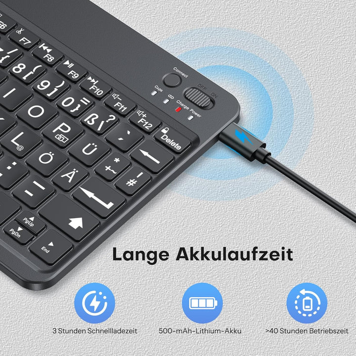 OMOTON Bluetooth Tastatur mit Grossem Druck für iOS/Android/Windows, QWERTZ Kabellose Tastatur für i