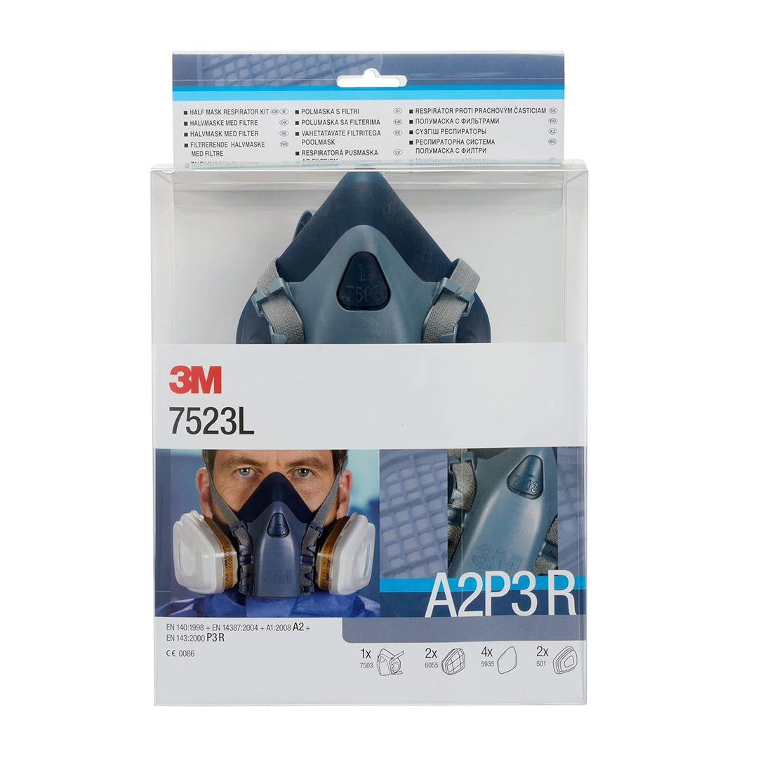 3M Gase-& Dämpfe-Maskenset mit 1 Stück 7503 Halbmaske (Grösse L), 2 Stück 6055 A2 Gasfilter, 4 Stück