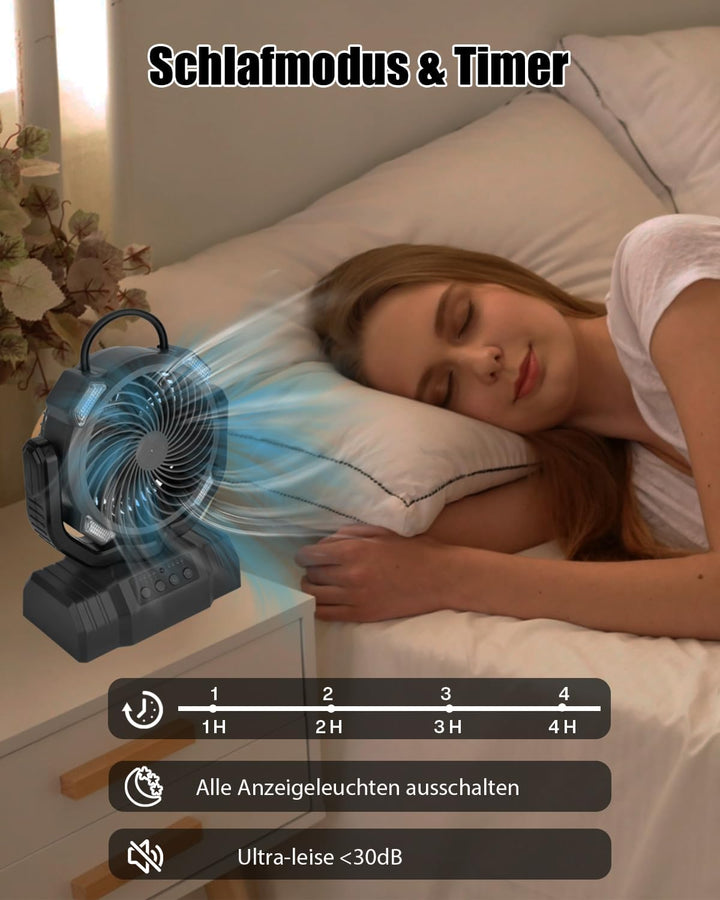Timiyou Camping Ventilator,10000mAh Tischventilator Sehr Leise mit Licht,Fernbedienung,Powerbank,4 G