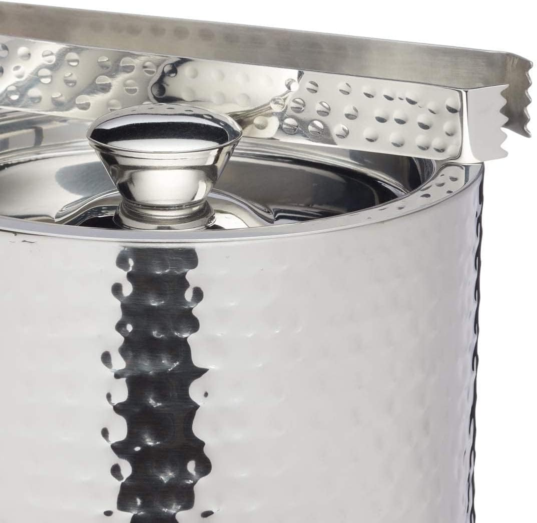 BarCraft Eiskübel, Edelstahleimer mit Deckel und Zange in silberner Hammerschlagoptik, 1,5 Liter, 15