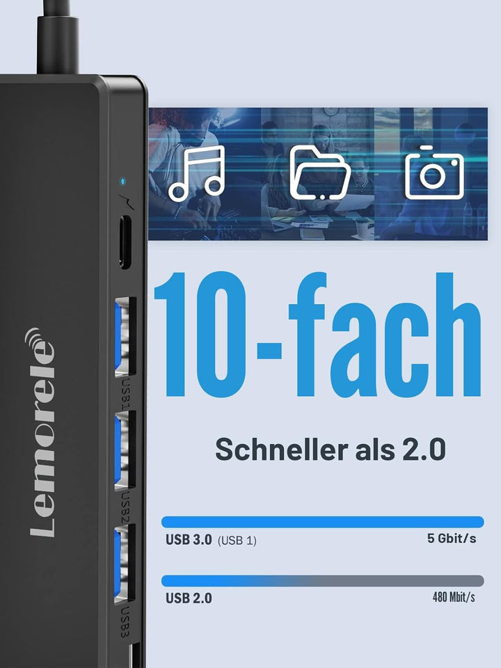 Lemorele USB-C-Hub, 7-in-1-Adapter mit HDMI 4K @ 30Hz, 100 W PD-Aufladung, 1 USB 3.0 5 Gbit/s Datena