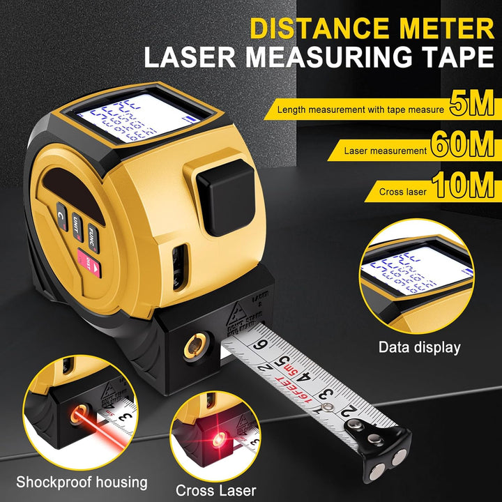 3-in-1 Laser-Entfernungsmesser 60 m, Laser Massband, Speicher für 20 Messwerte, LCD Digital Massband