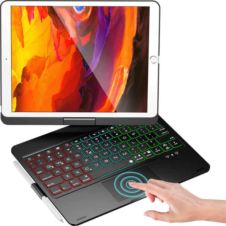 Schutzhülle für iPad 9. Generation mit Tastatur, 360° drehbar, Touchpad und 7 Farben Hintergrundbele