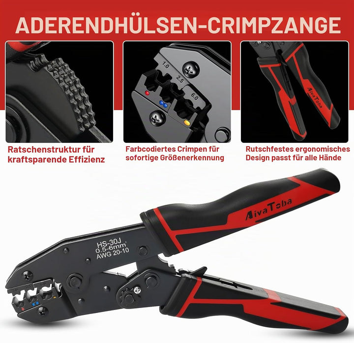 Crimpzange Set, Kabelschuhzange mit Ratschenfunktion für isolierte Verbinder 0,5-6mm², Crimpwerkzeug