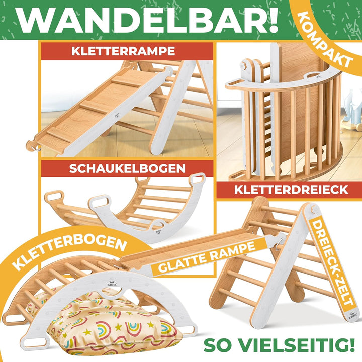 Kidiz® Klettergerüst Montessori 7in1 Spiel-Set mit Kletterbogen Rutsche Kletterdreieck aus Holz inkl