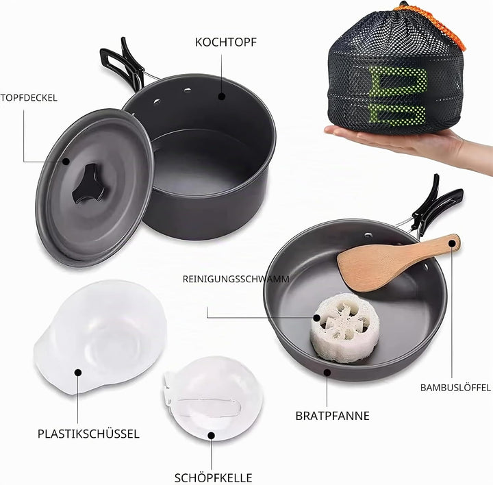 aiGear Camping Kochgeschirr Set/Outdoor Geschirr Set | Camping Topf Kochtopf Tragbar Aluminium | mit