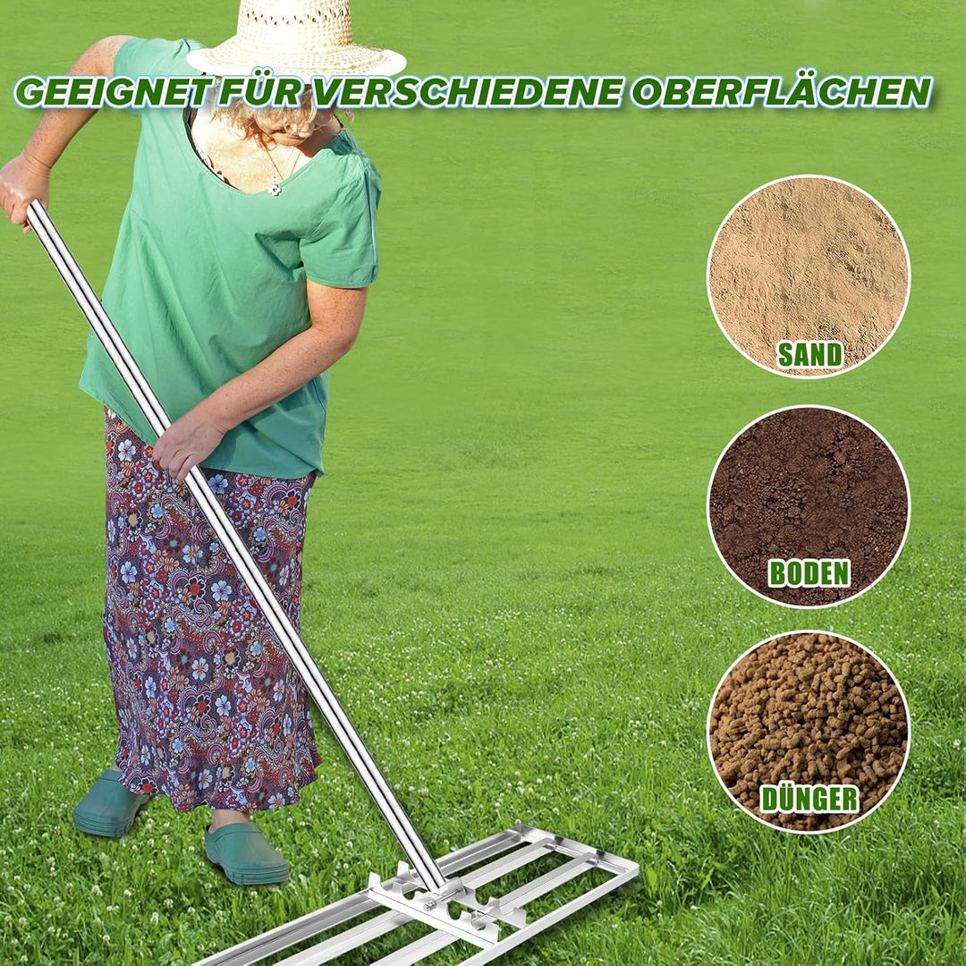 Rasen Nivellierrechen, 75x25 cm Edelstahl Garten Rasenrakel, Rasenrechen mit 180 cm Verlängertem Gri