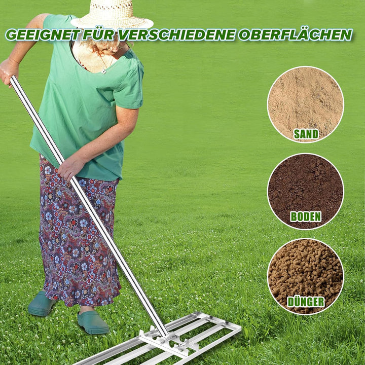 Rasen Nivellierrechen, 75x25 cm Edelstahl Garten Rasenrakel, Rasenrechen mit 180 cm Verlängertem Gri