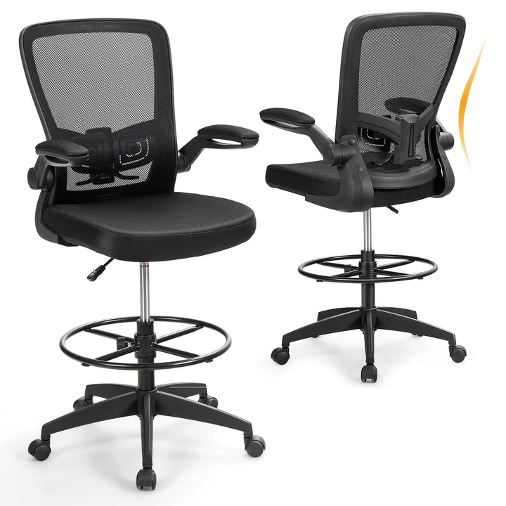 COSTWAY Arbeitsstuhl, Bürostuhl mit hochklappbaren Armlehnen und verstellbarem Fussring, Sitzhöhe 55