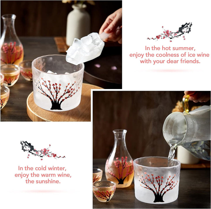 DUJUST Japanisches Sake-Set für 4, Handcrafted Pink Cherry Blossoms Design, 1 Sake-Flasche, 1 Sake-B