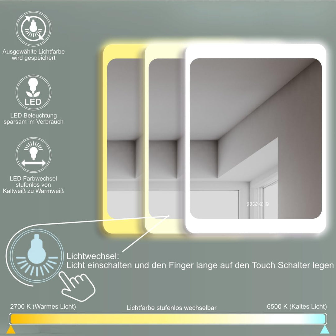 HOKO® LED Badspiegel 50x70 cm KÖLN mit Beschlagfrei und Digitaluhr. Design Wandspiegel fürs Bad. Die