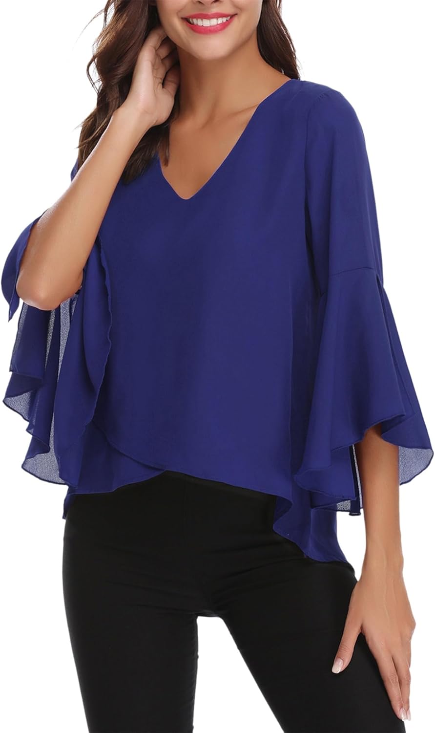 Gyabnw Damen Chiffon Bluse Volantärmeln Tunika 3/4 Arm Elegant Chiffontunika Festlich Chiffon Bluse