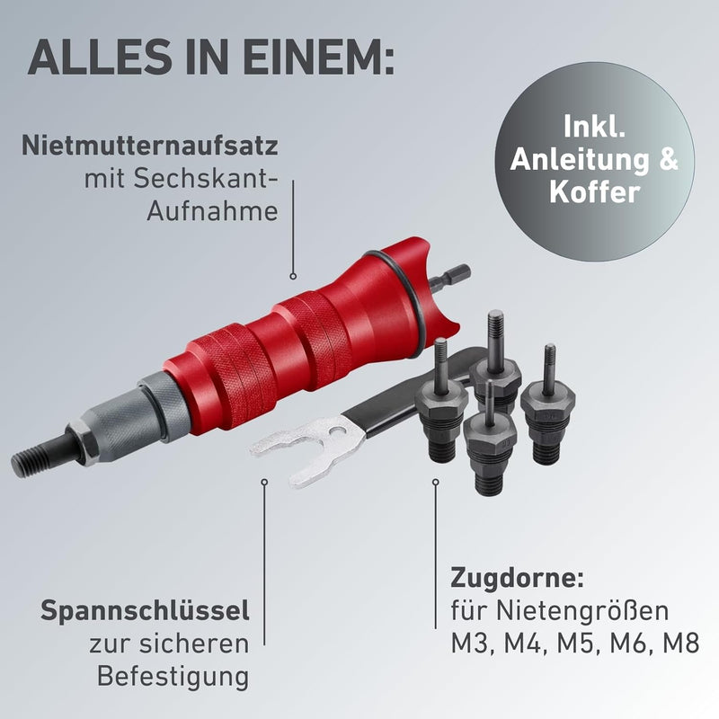 Profi Nietmutternaufsatz für Bohrmaschine oder Akkuschrauber für Nietmuttern M3-M8 aus Alu, Stahl un