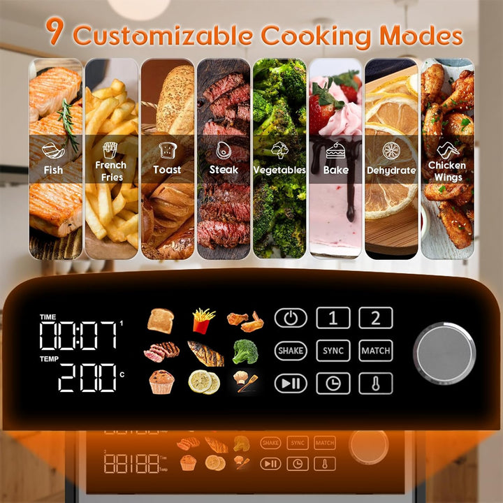 10L Double Stack XL airfryer Heissluftfritteuse | 2400W heissluftfritteuse 2 kammern | Gleichmässige
