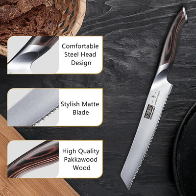 HOSHANHO Brotmesser, 20cm Gestochen Scharf Brotmesser mit Wellenschliff aus Hochgekohltem Edelstahl,