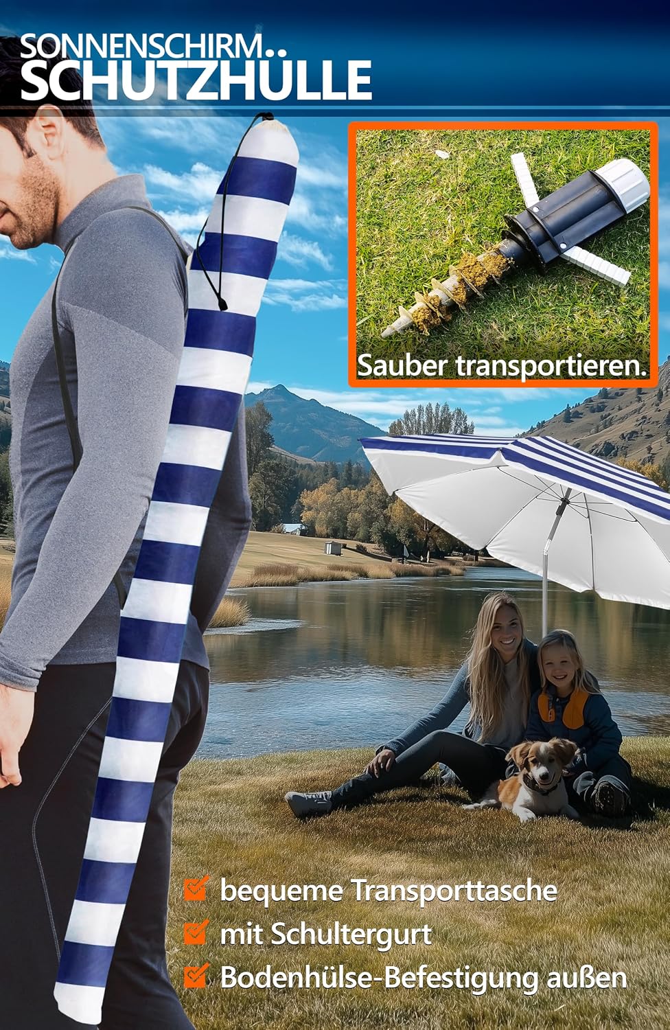 4smile Sonnenschirm Strand 3-IN-1 SET mit Bodenhülse, Ø 180 cm, Blau-Weiss | Strandschirm windfest s