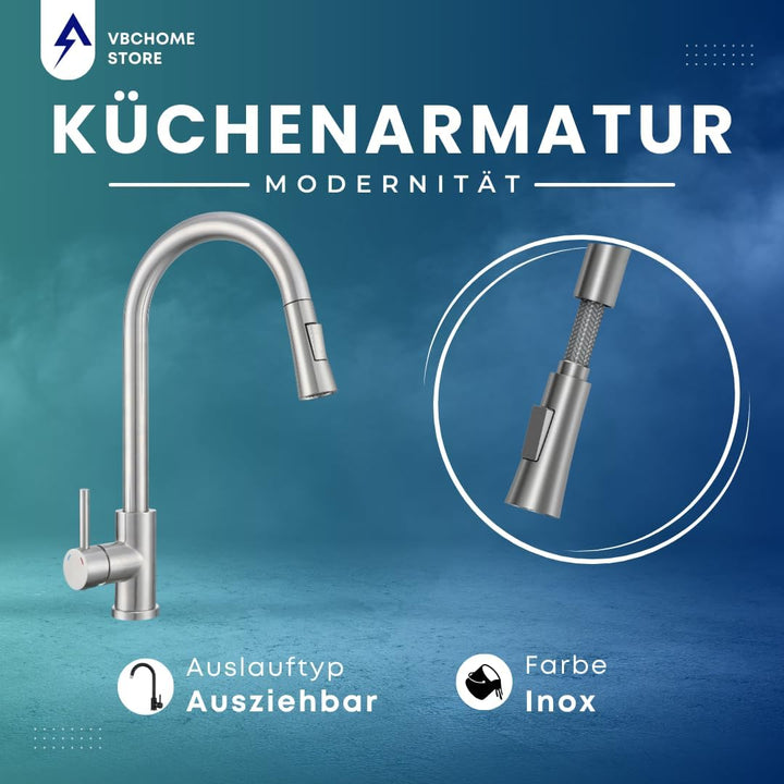 VBChome Küchenarmatur Gebürsteter Edelstahl mit ausziehbarem Auslauf, 360° drehbar, mit Knopf für St