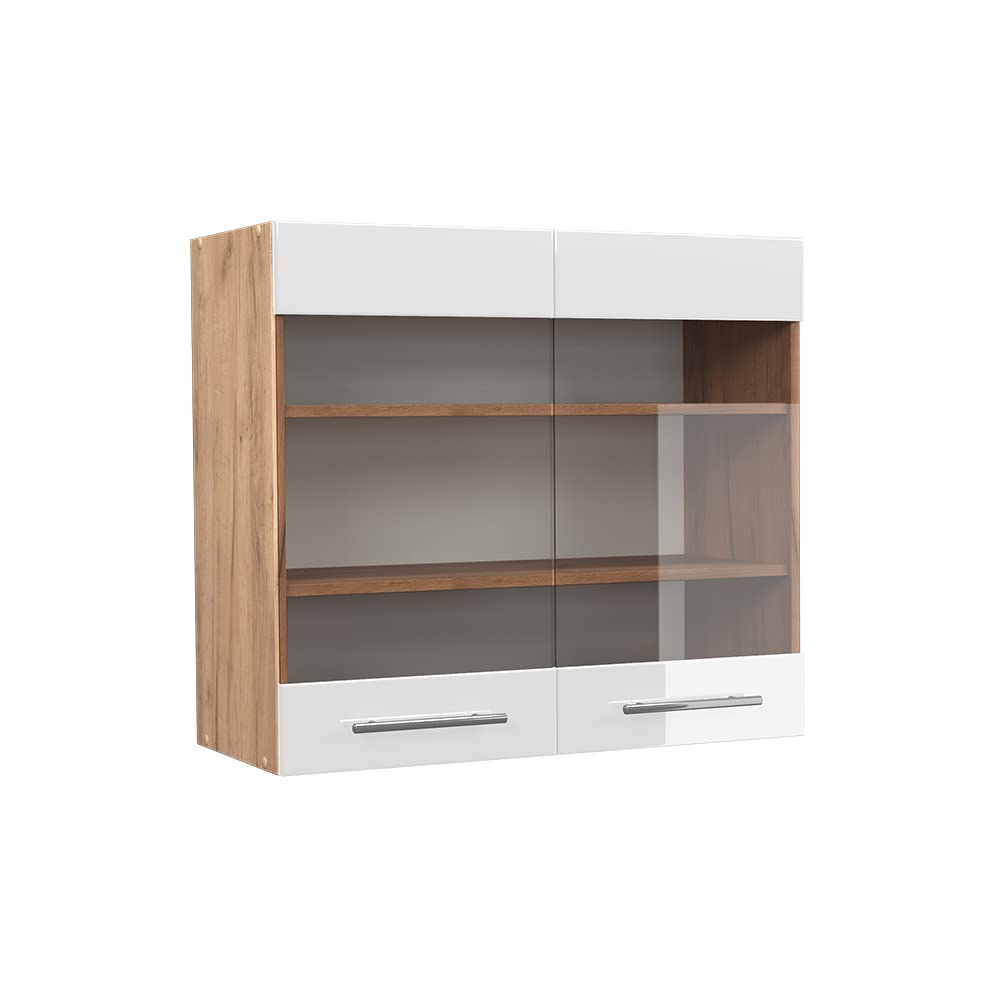 Vicco Küchenschrank Glas Fame-Line, Weiss Hochglanz/Goldkraft Eiche, 80 cm Hängeglasschrank 80 cm We