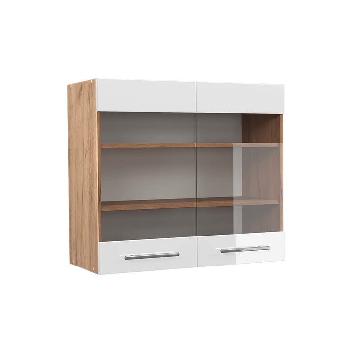 Vicco Küchenschrank Glas Fame-Line, Weiss Hochglanz/Goldkraft Eiche, 80 cm Hängeglasschrank 80 cm We