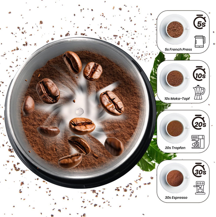 SUPERLEX Kaffeemühle elektrisch mit 100g Füllmenge, 200 Watt Edelstahl Gewürzmühle Abnehmbare Edelst