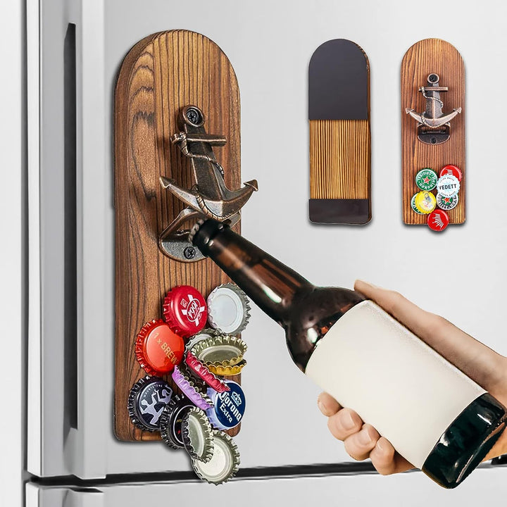 ZONSUSE Flaschenöffner Wand Magnet mit Auffangbehälter,Vintage Holz Bieröffner Wand mit Behälter,Mag