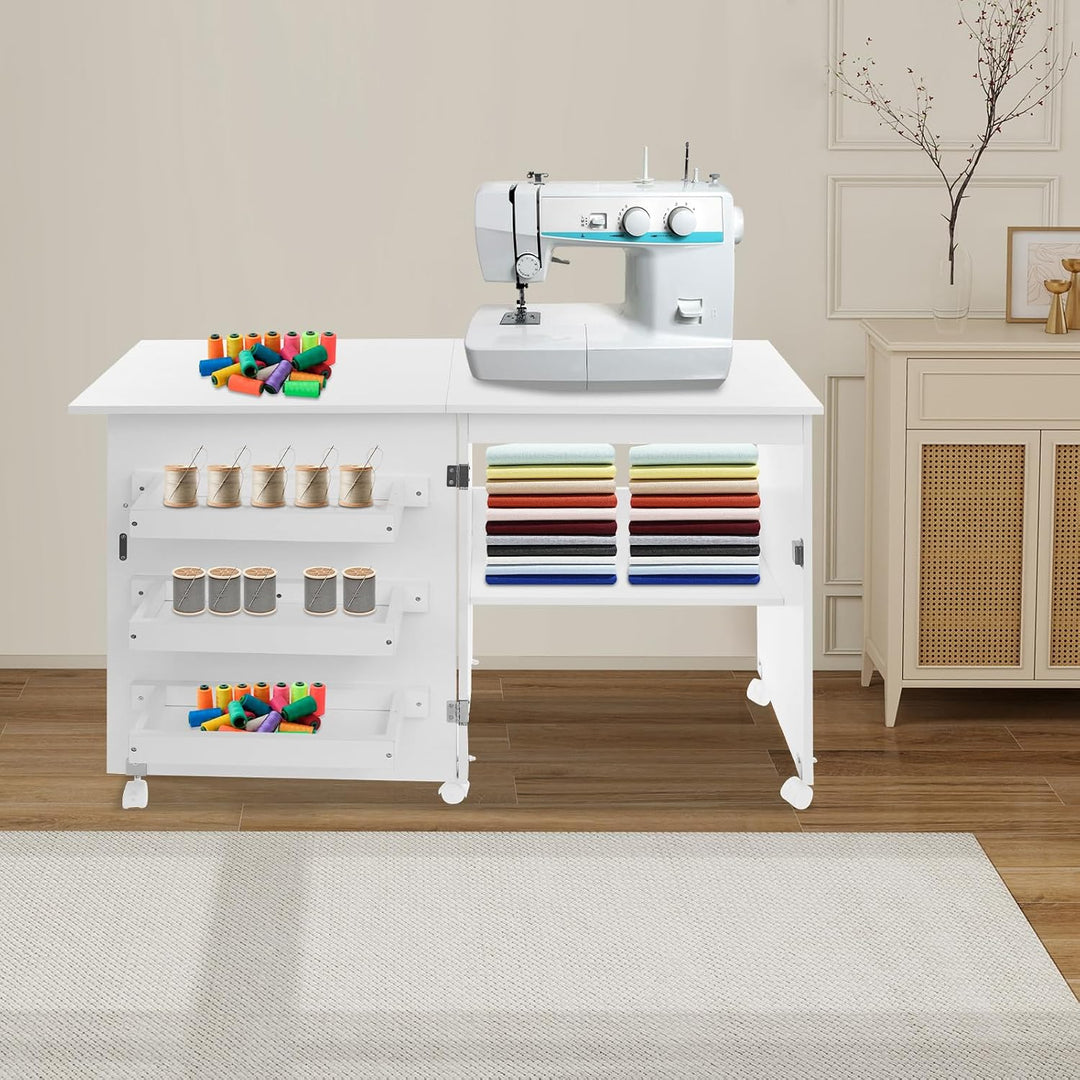 Nähmaschinentisch | Klappbarer Nähtisch 119cm | 3 Boxen &amp; Rollen | Weiss E1 | 5 Universalrollen (3 m