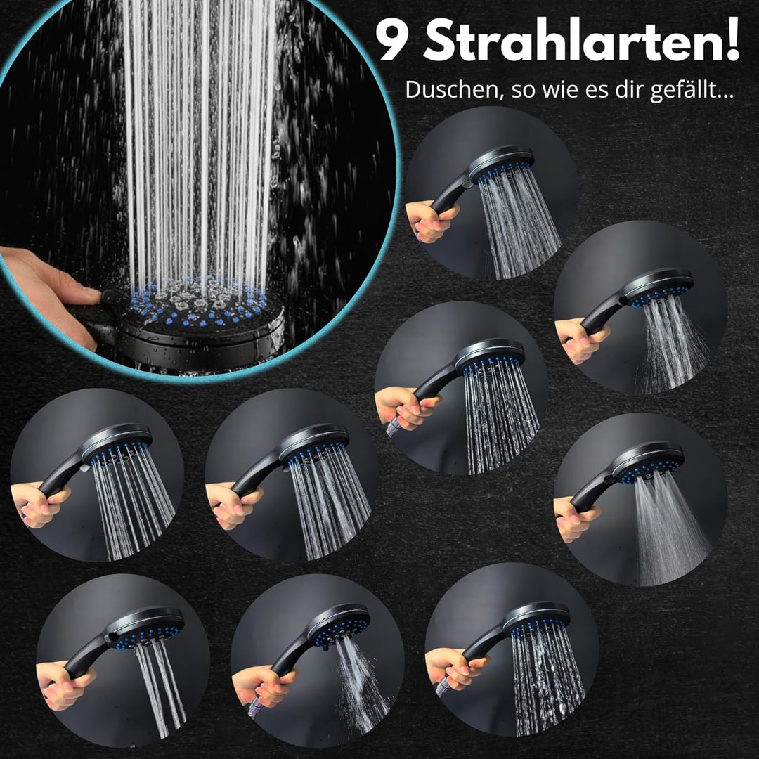 Duschkopf schwarz Energy Rain mit 9 Strahlarten, Shower Head, Duschbrause, Handbrause Dusche Brausek