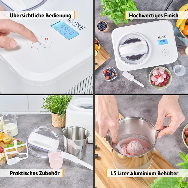 TZS First Austria Eismaschine | 1,5L | Kompressor | Entnehmbarer Edelstahl Behälter | Rezeptheft | L