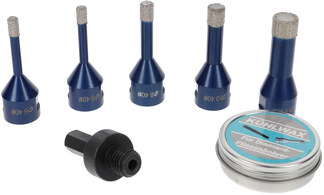 PRODIAMANT Fliesenbohrer Koffer Set 7-teilig 2x 6 mm, 8 mm, 10 mm, 14 mm x M14 für Winkelschleifer m
